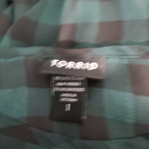 Torrid‎ Gingham Chiffon Surplice Peplum Blouse Plus Sz 1X Sheer 3/4 Sleeve Green - Picture 5 of 6